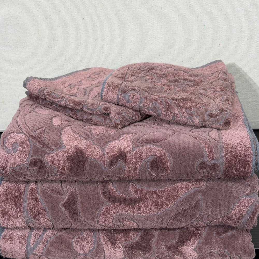 Spugna Italiana Towel Set 5pc Mauve Damask Jacquard Cotton Viscose Made in Italy